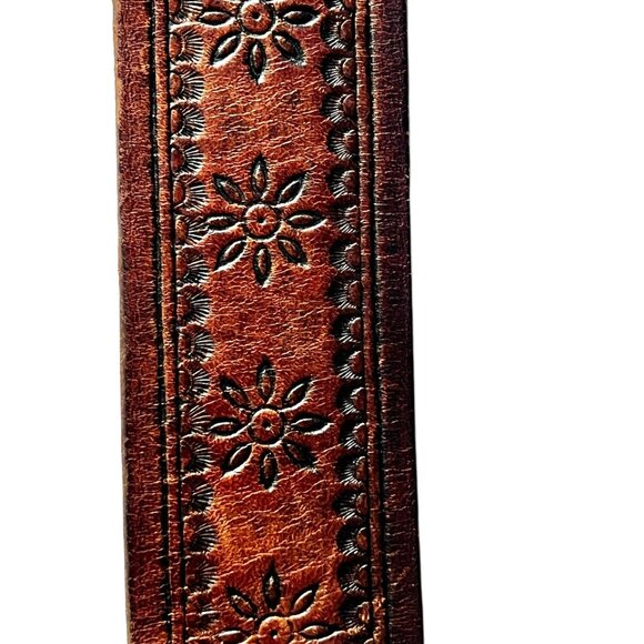 Brighton Leather Belt Floral Embossed Patterns & Silver Tone Buckle 33"-37" - Picture 5 of 16